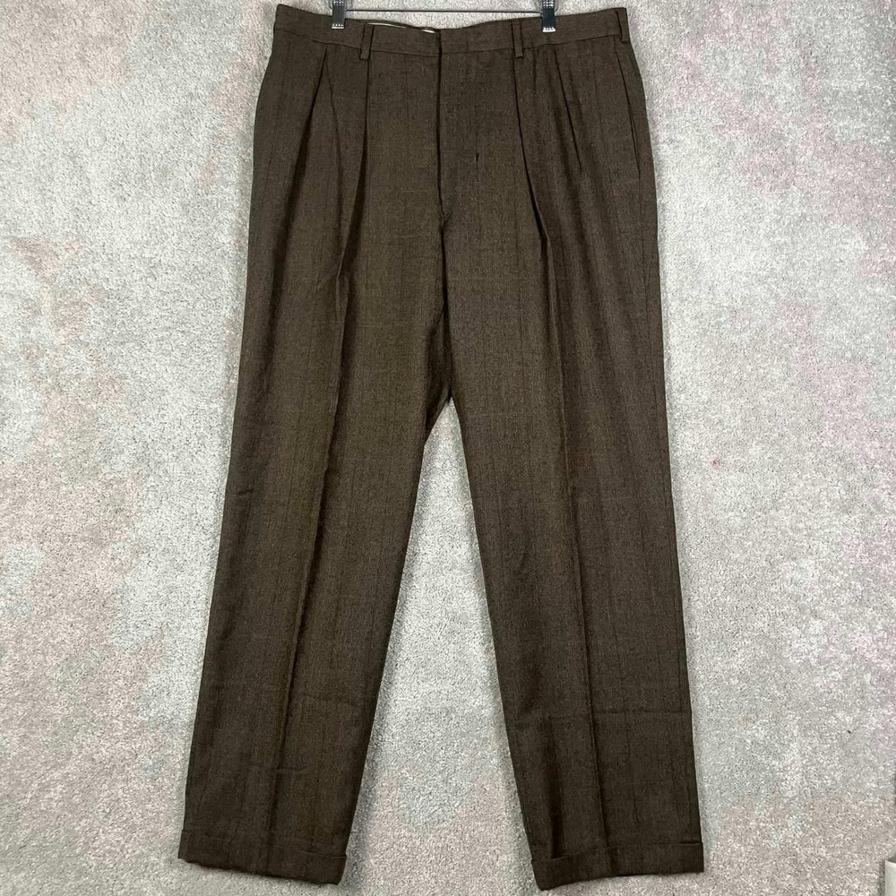 Vintage Brooks Brothers Dress Pants Mens 36x32 Brown Wool Pleated Windowpane USA - Picture 1 of 16